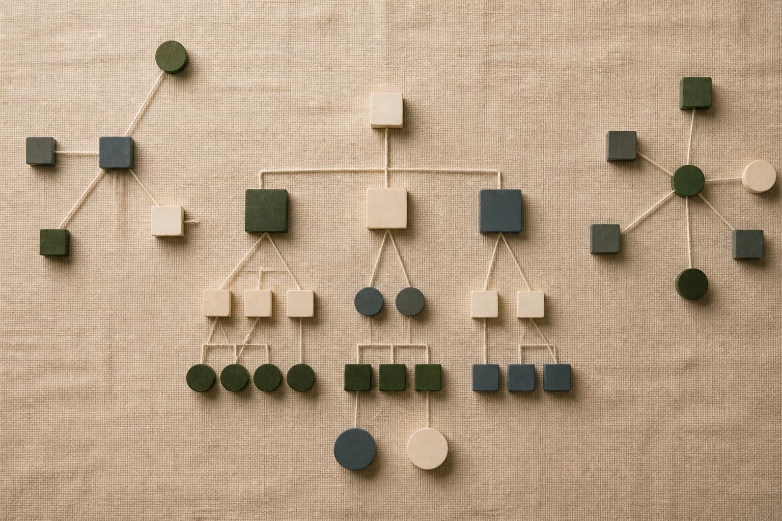 A top-down composition of wooden blocks connected by fine threads forming an organizational chart on warm linen fabric.