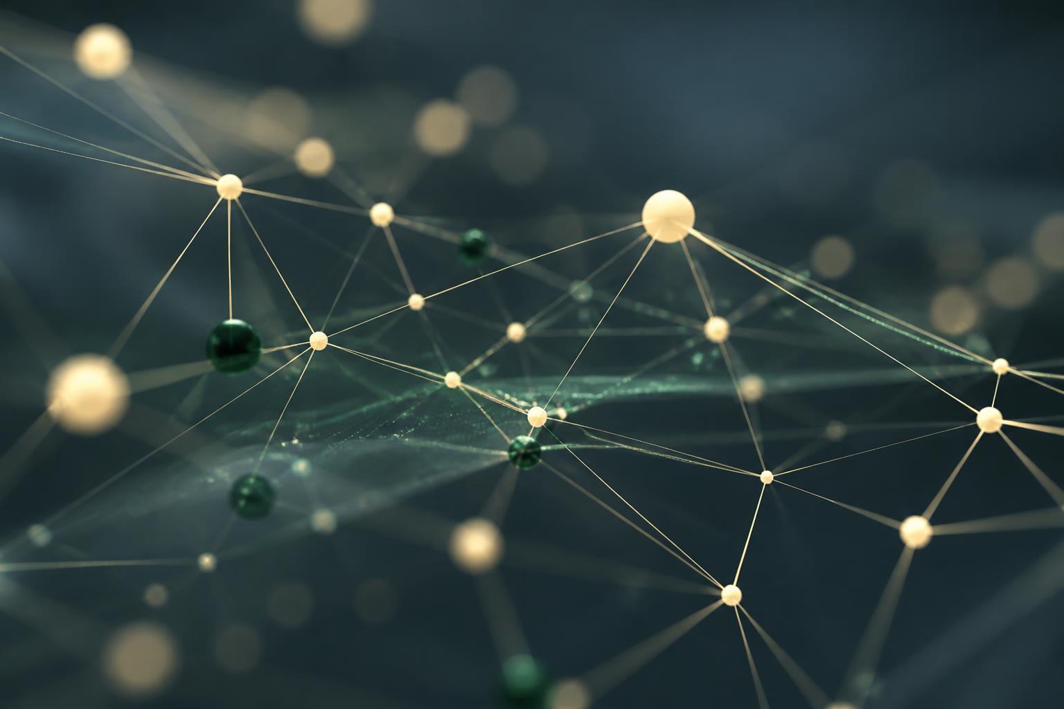 An abstract macro image of interconnected data nodes and thin glowing lines forming a network mesh in muted slate and cream tones.