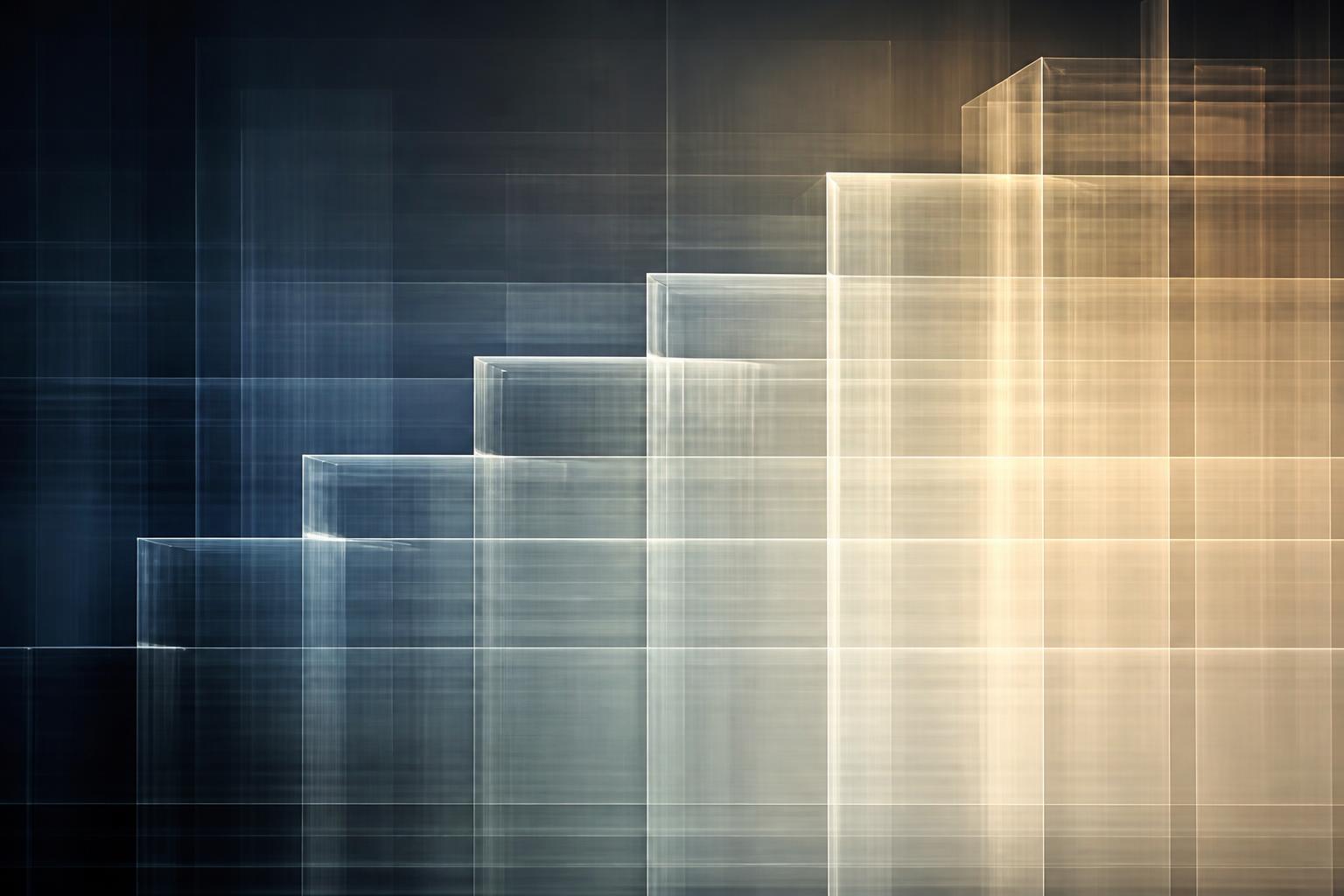 An abstract composition of translucent glass panels stacked in ascending steps, moving from cool slate to warm light.