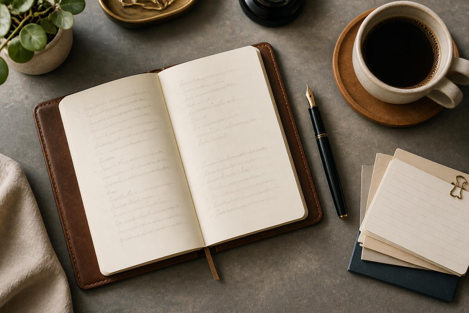 An overhead flat-lay of an open leather notebook with faint handwritten notes, a fountain pen, index cards, and a coffee cup in warm neutral tones.