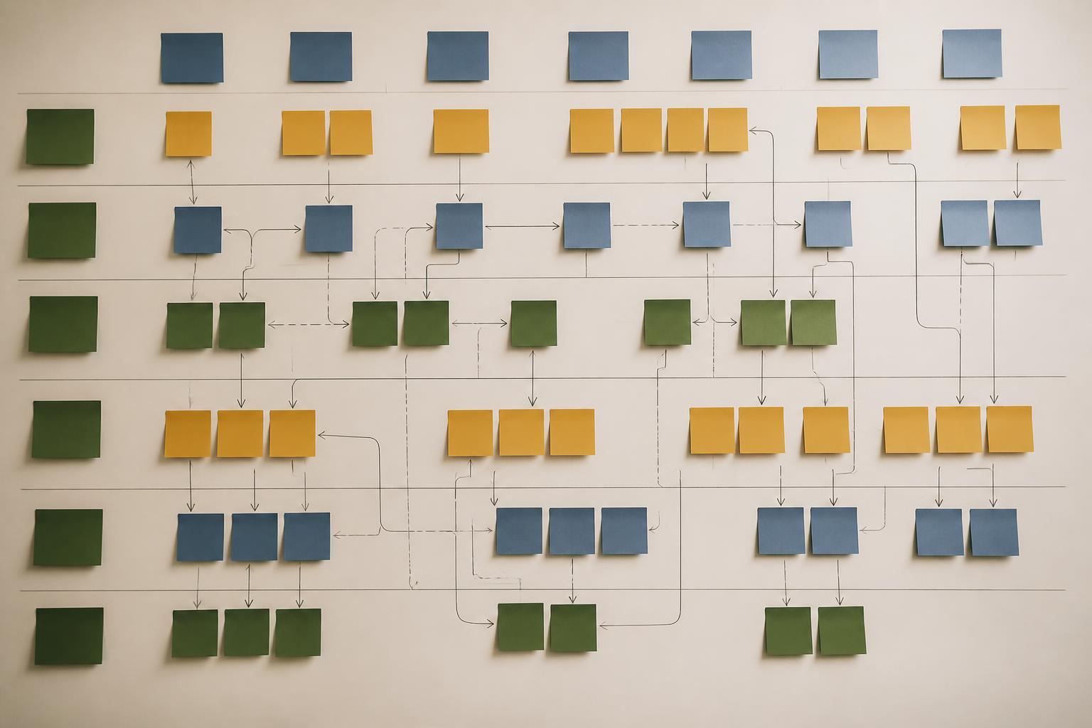 A wall of colored sticky notes arranged in swim lanes with faint arrows and connecting lines between them.